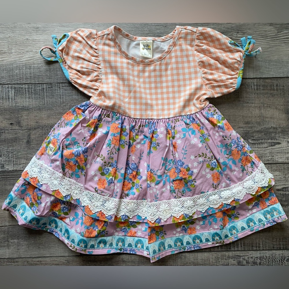 Wildflowers Floral Pink Plaid Orange Blue Purple Lace Ribbon Easter Dress 4 4T
